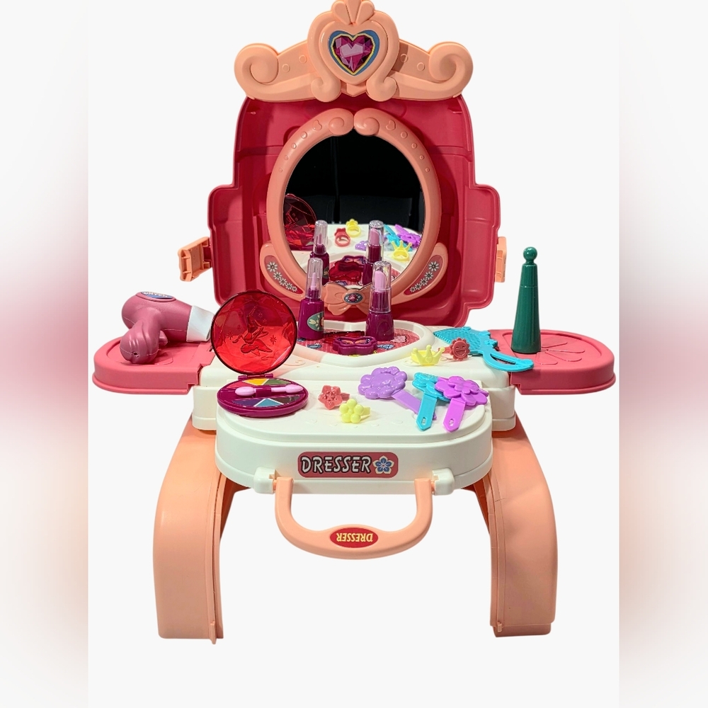 3-in-1 Kids Dresser Backpack Vanity Playset & Toddler Pretend Makeup Kit
